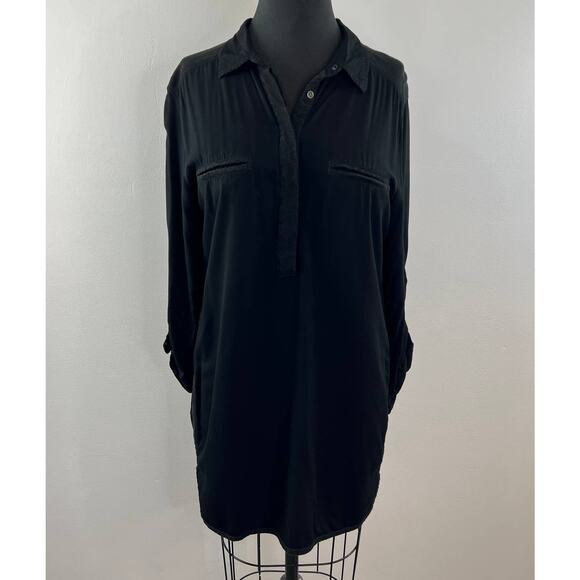 Lou & Grey Solid Black Rayon Popover Tunic Top Roll-Tab Sleeves Relaxed Shirt M - Picture 1 of 11
